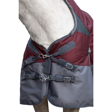 HKM 600D Fleece Lined High Neck Turnout Rug -Yukon- #colour_darkred-grey