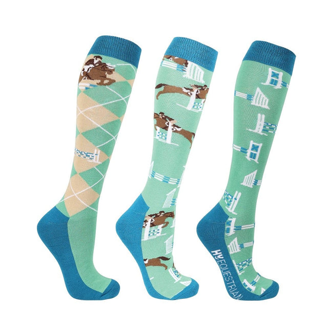 Hy Equestrian Show Jumping Socks Pack of 3 #colour_emerald-blue-beige