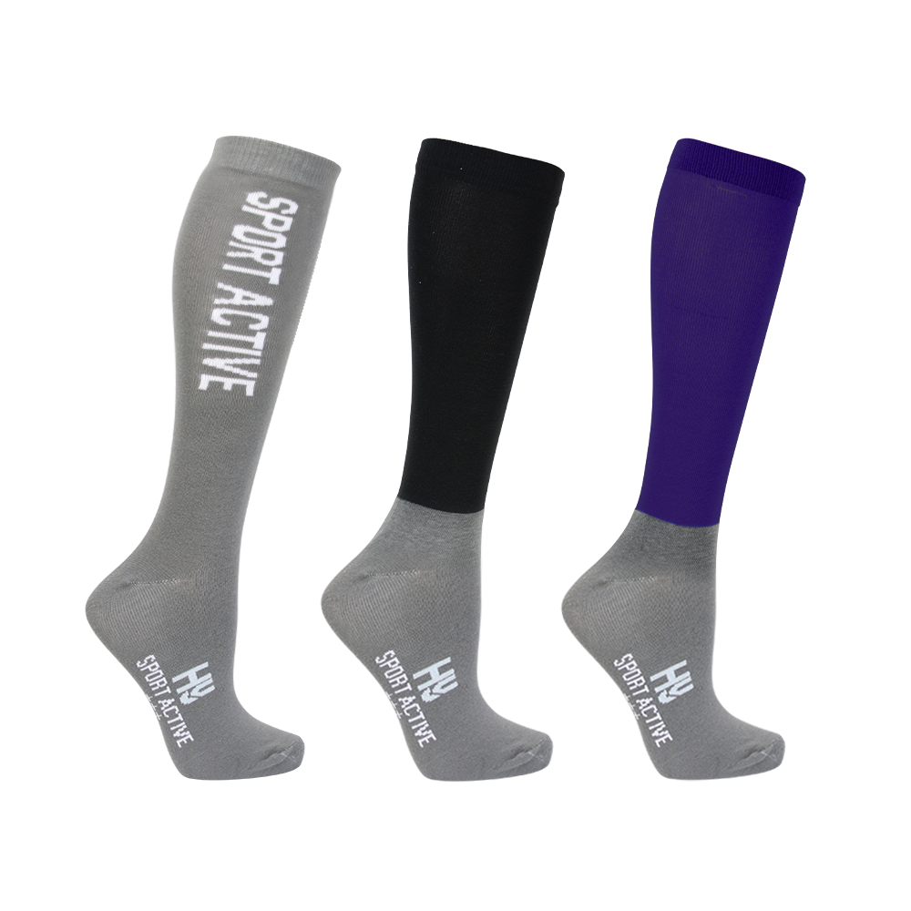 Hy Sport Active Young Rider Riding Socks Pack of 3 #colour_royal-violet-pencil-point-grey-black