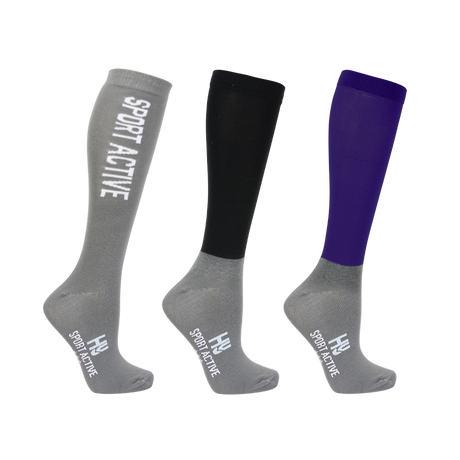 Hy Sport Active Young Rider Riding Socks Pack of 3 #colour_royal-violet-pencil-point-grey-black