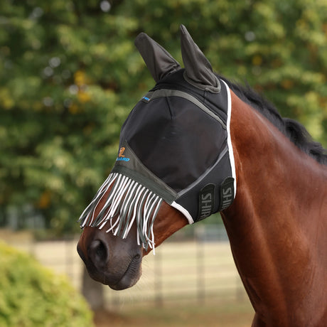 Shires FlyGuard Pro Air Motion Fly Mask With Ears & Fringe #colour_khaki