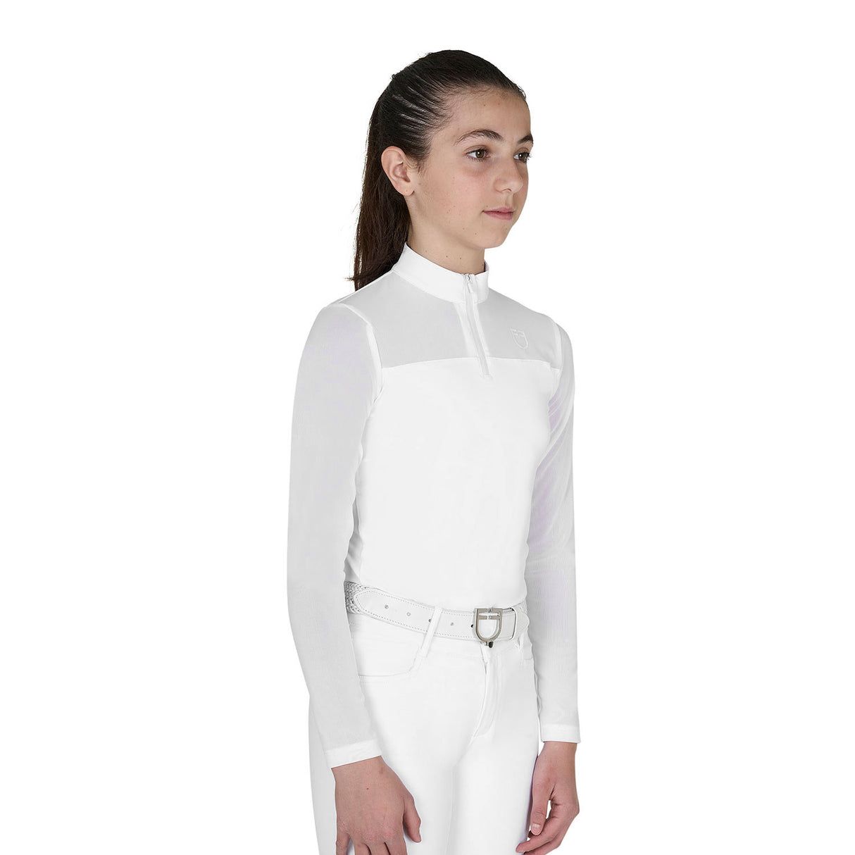 Girls' long-sleeved competition polo shirt with micro-mesh inserts