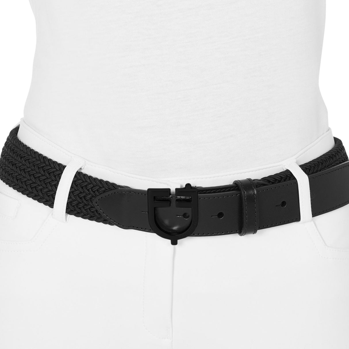 Elastic belt with black logoed buckle