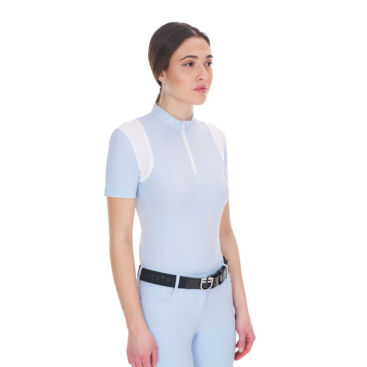 Equestro Women's Slim Fit Training Polo Shirt with Mesh Inserts #colour_blue