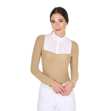Equestro Women's Slim Fit Competition Polo Shirt Rhinestones #colour_beige