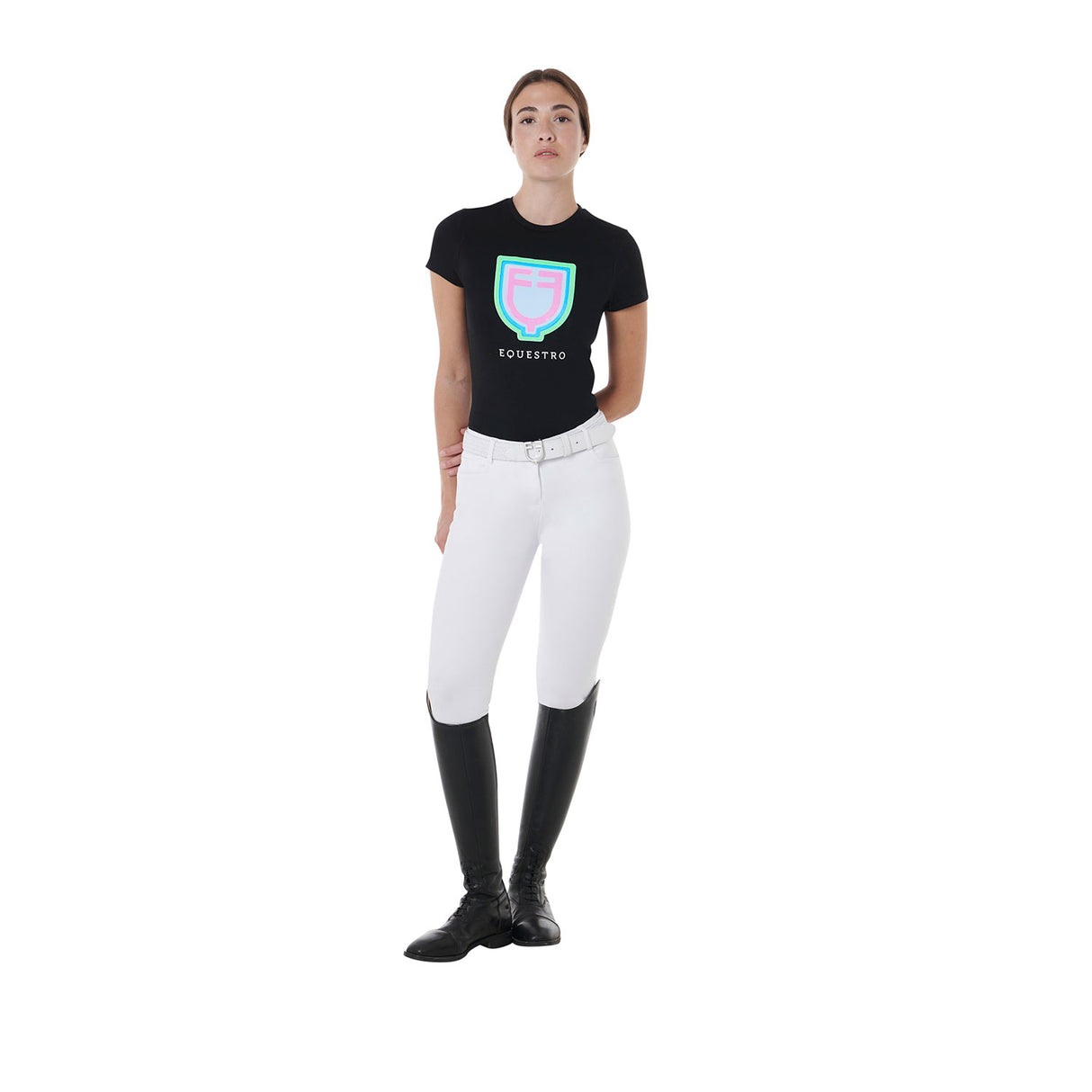 Equestro Women's Slim Fit Cotton T-Shirt Psychedelic Logo #colour_black