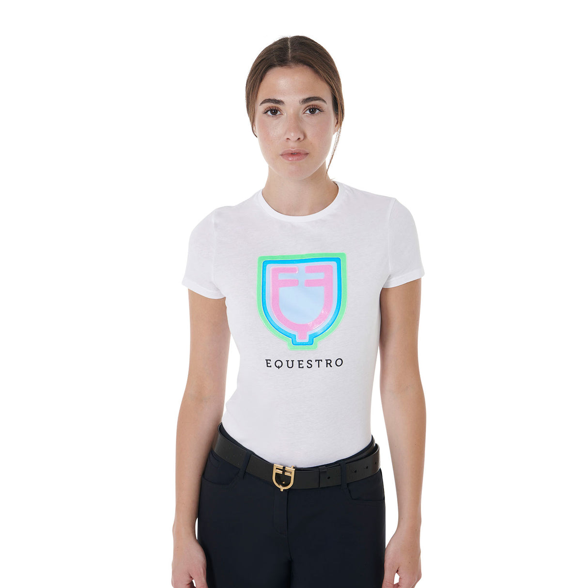 Equestro Women's Slim Fit Cotton T-Shirt Psychedelic Logo #colour_white