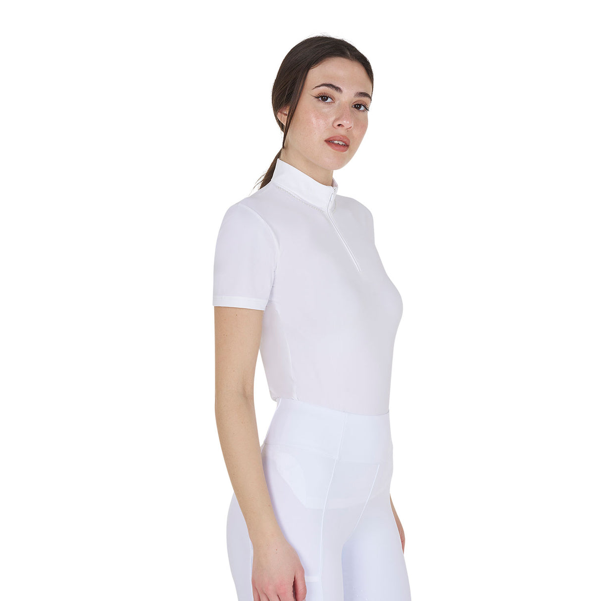 Equestro Women's Slim Fit Training Polo Shirt With Zip And Collar Beads #colour_white