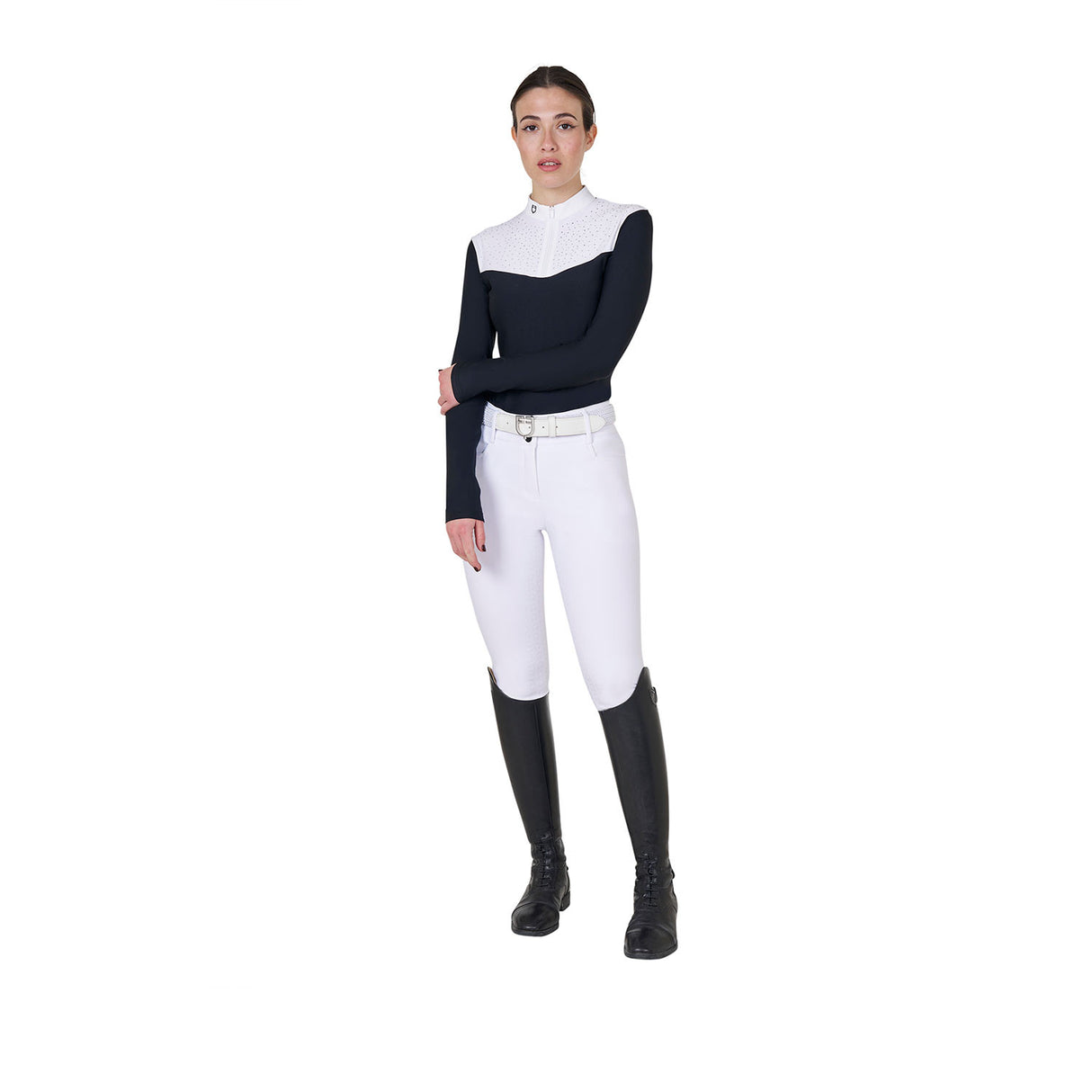 Women's long-sleeved competition polo shirt with rhinestones