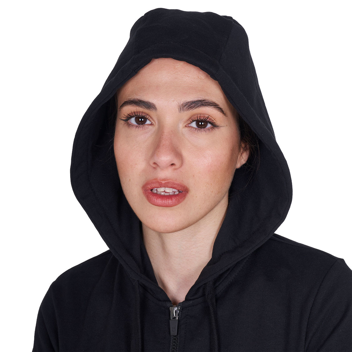Women's sweatshirt with adjustable hood and zip