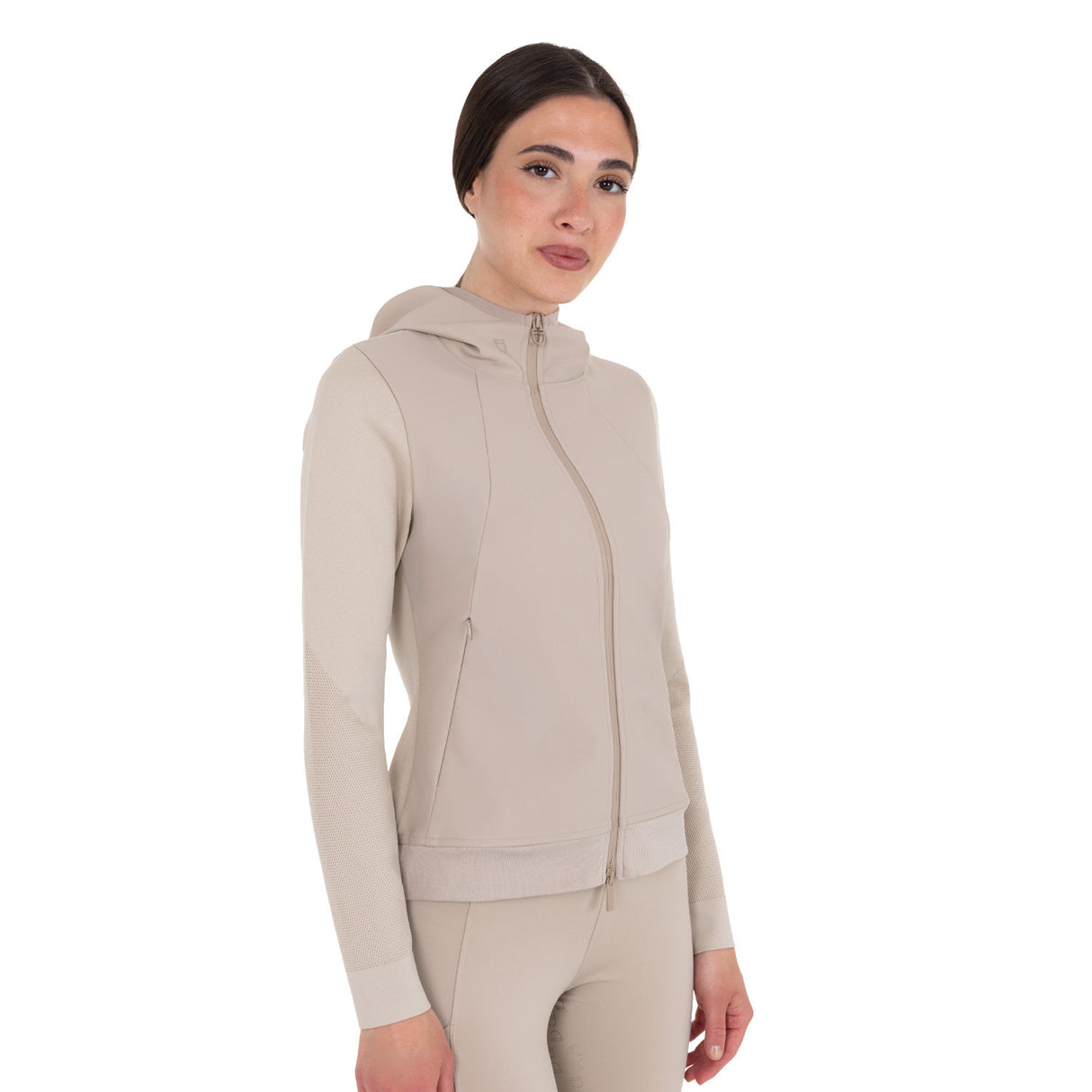 Women's technical hooded sweatshirt with micro-mesh inserts
