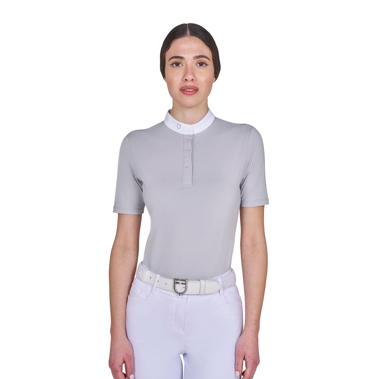 Women's competition polo shirt with concealed button closure