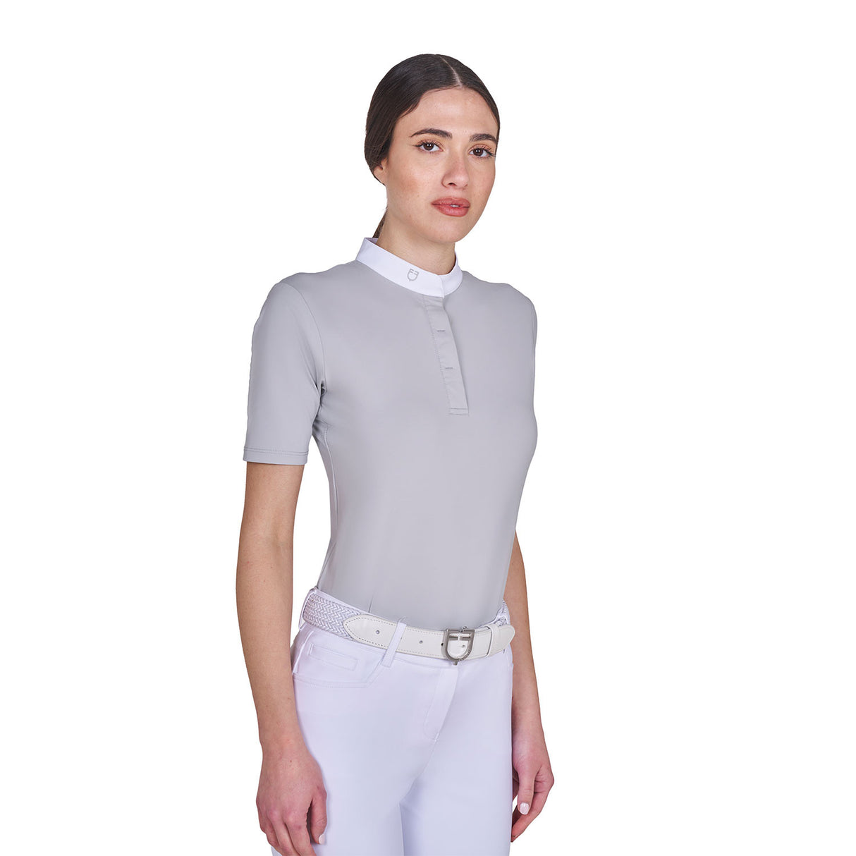 Women's competition polo shirt with concealed button closure