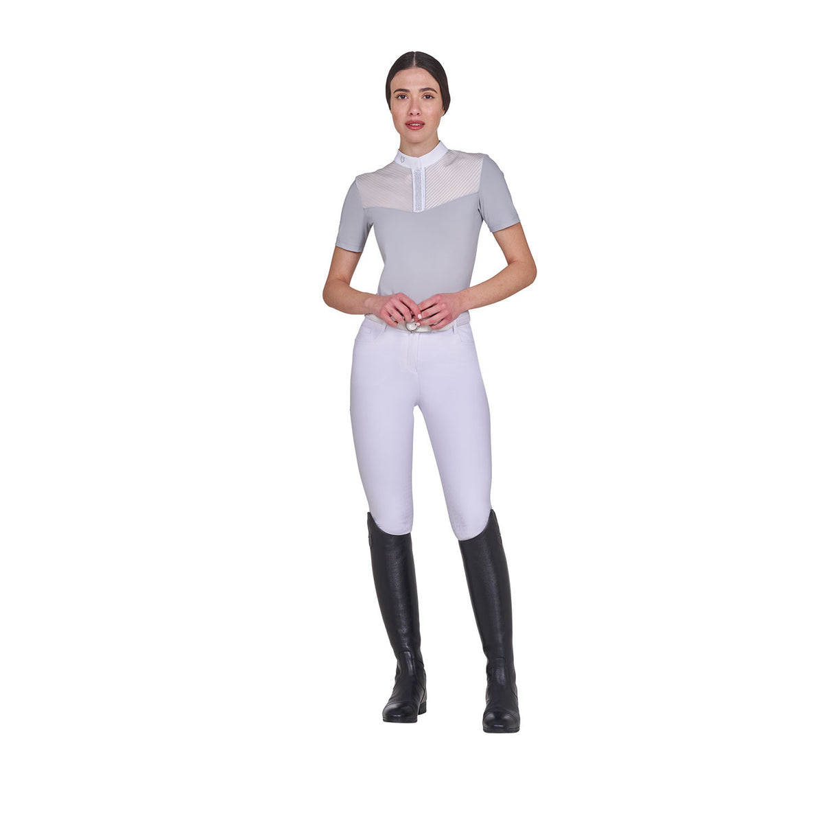 Women's slim fit competition polo shirt with silk-like fabric inserts