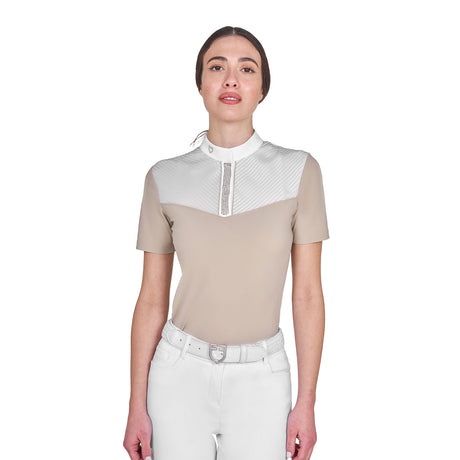 Women's slim fit competition polo shirt with silk-like fabric inserts