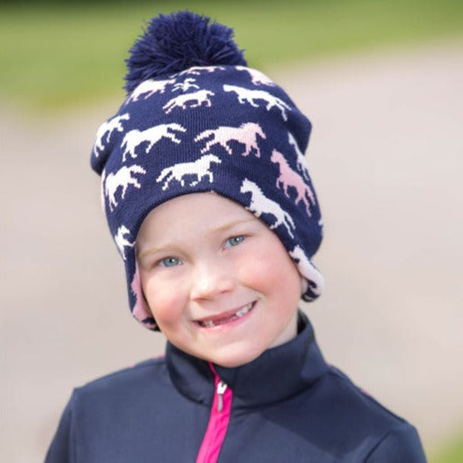 Hy Equestrian Flaine Children's Bobble Hat #colour_navy-pink