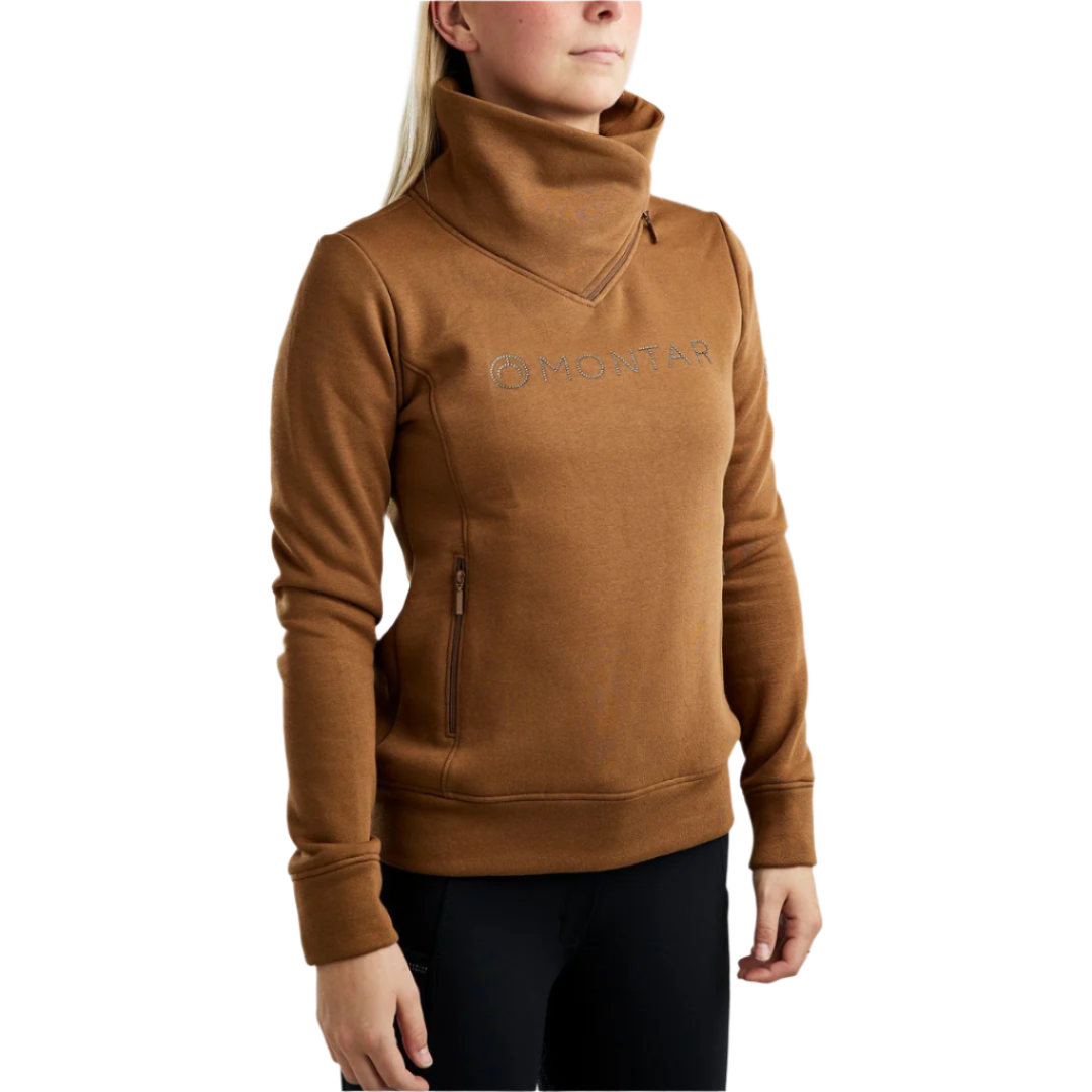 Montar MoNaja High Collar Sweatshirt with Gun Metal Crystal Logo #colour_toffee