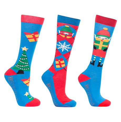 Hy Equestrian Novelty Printed Socks #colour_winter-blue-festive-red