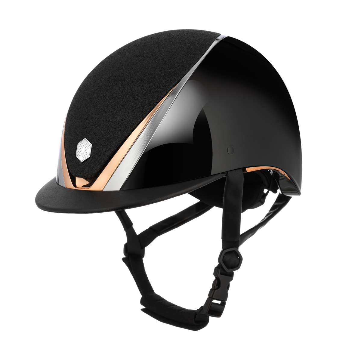 Charles Owen Hyda Sparkly with Mips riding hat in Black Gloss/Rose Gold, side view