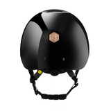 Charles Owen Hyda Sparkly riding hat in Black Gloss/Rose Gold, rear view showing the dial-fit adjuster