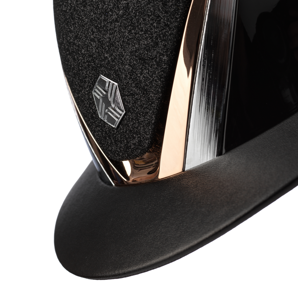 Charles Owen Hyda Sparkly riding hat in Black Gloss/Rose Gold, angled close-up of the sparkly top, crown badge and peak