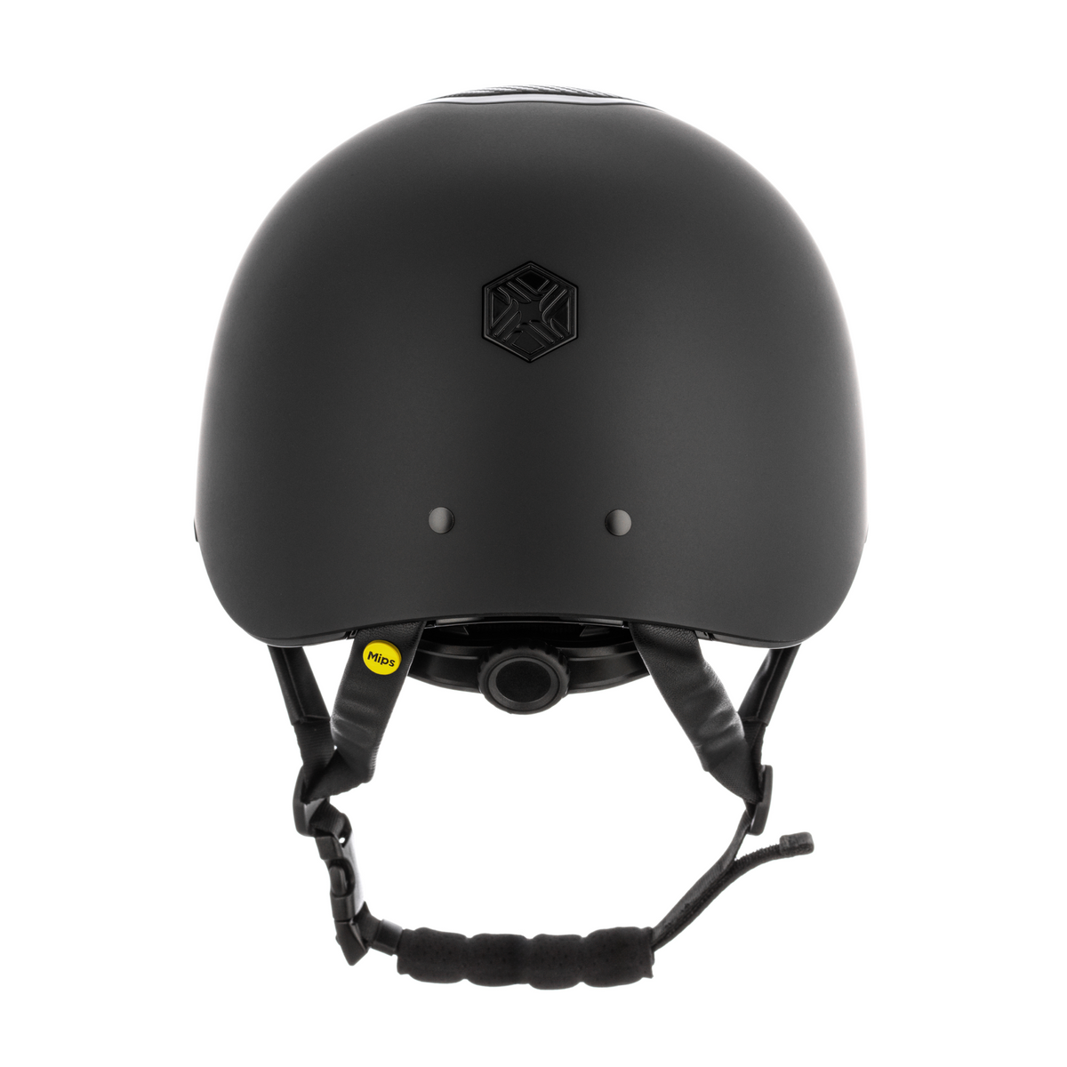 Charles Owen Hyda Carbon riding hat in Black Matte/Black Gloss, rear view showing the dial-fit adjuster