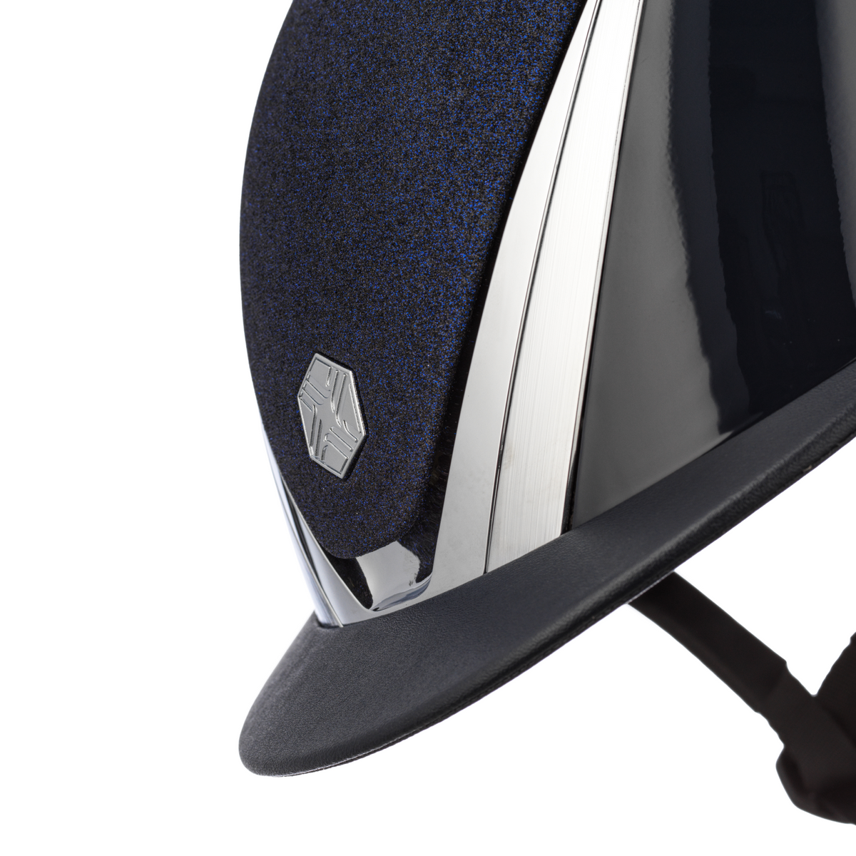 Charles Owen Hyda Sparkly riding hat in Navy Gloss/Chrome, angled close-up of the sparkly top, chrome trim and peak