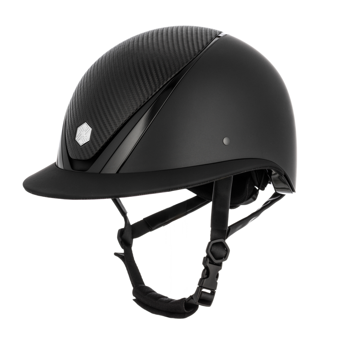 Charles Owen Hyda Carbon Wide Peak with Mips riding hat in Black Matte/Black Gloss, side view