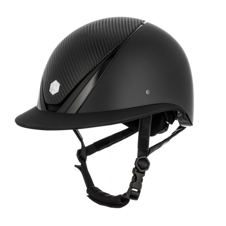 Charles Owen Hyda Carbon Wide Peak with Mips riding hat in Black Matte/Black Gloss, side view