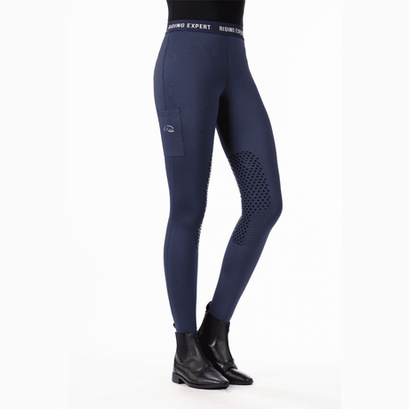 HKM Wien Style Silicone Knee Patch Riding Leggings #colour_dark-blue-neon-coral