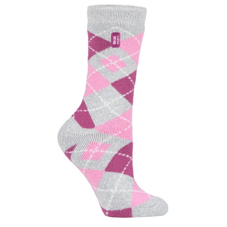 Platinum Argyle Ladies Heat Holder Lite Long Socks #colour_argyle-grey-pink